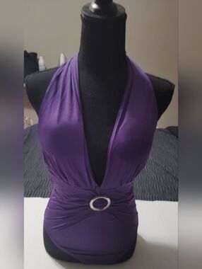 Plunging Purple One-Piece Bathing Suit with Silver Ring